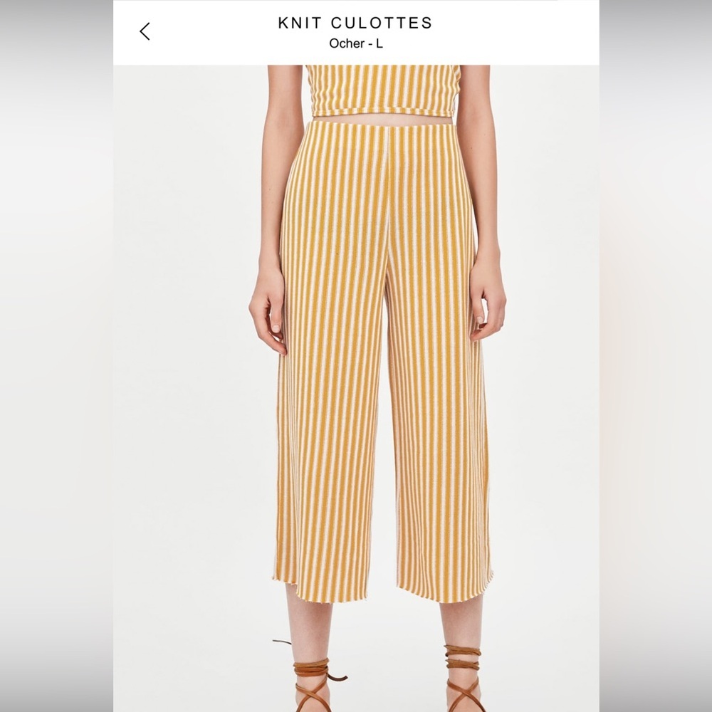 Zara Trafaluc Women’s Mustard & White Ocher Striped Knit Culottes Cropped Pants - Picture 10 of 10